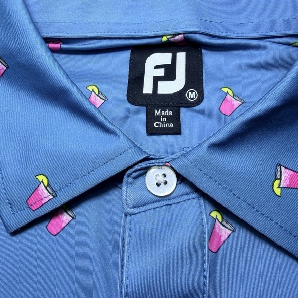 Footjoy Polo Medium Cocktail Drinks AOP Blue Lisle Performance Golf Men Shirt - Picture 6 of 10